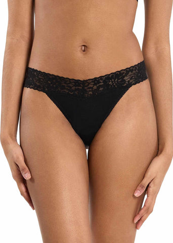 DreamEase™ Original Rise Thong Black - Front View, V-waist lace waistband, comfortable thong | Hanky Panky