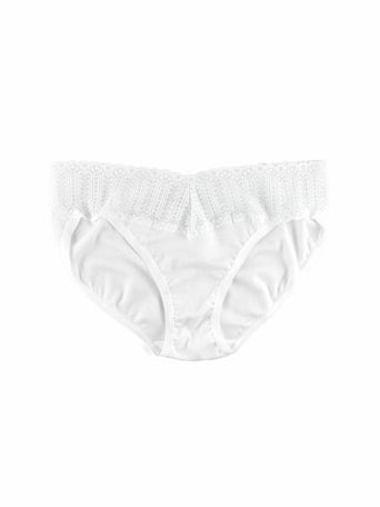ECO Rx™ V-Kini White Ribbed V-Kini Panty with Lace Trim - Flat Lay Front | Hanky Panky