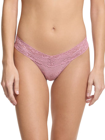 Mauve Orchid Pink Flora Lace Low Rise Thong - Front On-Model View, floral lace detail | Hanky Panky