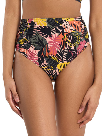 Palm Springs Tropical Print High Rise Cheeky Swimsuit Bottom, Ruched Sides - Front View On Model | Hanky Panky