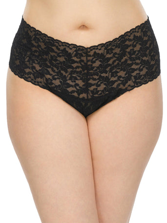 Black Plus Size Retro Lace Thong, Front View - Floral Lace High Rise Wide Waistband on Model | Hanky Panky