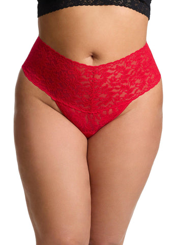 Red Plus Size Retro Lace Thong - Front View, High Rise Wide Waistband On Model | Hanky Panky