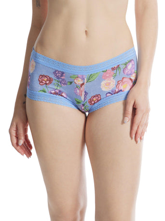 Printed DreamEase™ Boyshort Chatsworth House Gardens - Blue Floral Front View On Model | Hanky Panky