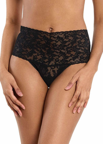 Black Retro Lace High Rise Thong - On Model Close-Up Front View, Sheer Lace Waistband | Hanky Panky