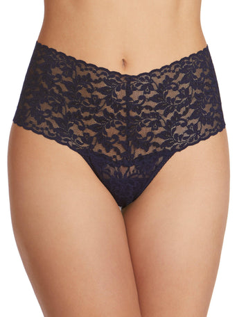 Navy Retro Lace High Rise Thong - Front View On Model, Wide Waistband | Hanky Panky