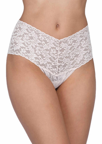 White Retro Lace High Rise Thong - On Model Front View, Floral Lace Wide Waistband | Hanky Panky