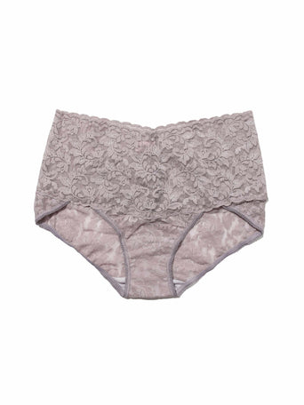 Steel Grey Retro Lace V-Kini High-Rise Panty - Flat Lay Front, scalloped lace waistband | Hanky Panky