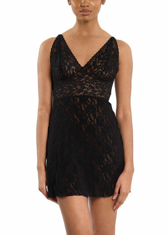 Retro Plunge Chemise Black - Front View, Sheer Lace V-Neckline | Hanky Panky