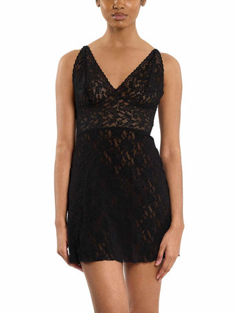 Retro Plunge Chemise Black - Front View, Sheer Lace V-Neckline | Hanky Panky