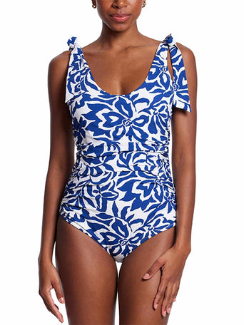Ruched Bow One Piece Swimsuit in blue floral print with tie-bow shoulders - Front View | Hanky Panky