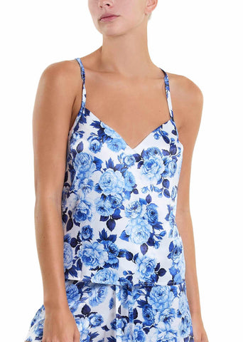 Deja Blue Floral Satin Sleep Cami - Front V-Neck On Model | Hanky Panky