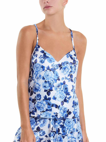 Deja Blue Floral Satin Sleep Cami - Front V-Neck On Model | Hanky Panky