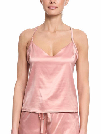 Rose Latte Pink Stretch Satin Sleep Cami, V-Neck Front View - On Model | Hanky Panky