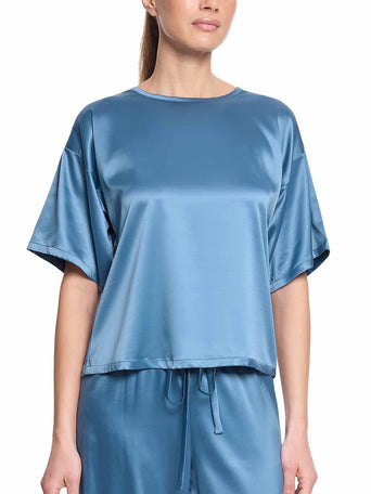 Hanky Panky Satin Sleep Tee Bath Time Blue - Front View On Model, Stretch Satin Sleep Top | Hanky Panky