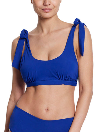 Poolside Blue Scoop Neck Swim Top with Tie Shoulders - Front View On Model | Hanky Panky