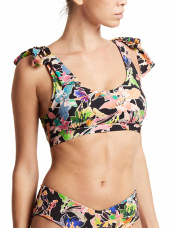 Unapologetic Floral Print Scoop Neck Swim Top with Ruffle Tie Shoulders - On Model Front | Hanky Panky