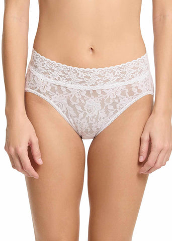 Signature Lace® French Brief White - Front View, High-Hip Floral Lace with Scalloped Waistband On Model | Hanky Panky