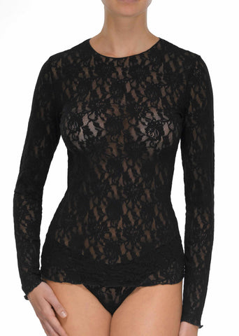 Black Signature Lace Long Sleeve Top - Front View On Model, Sheer Floral Lace | Hanky Panky