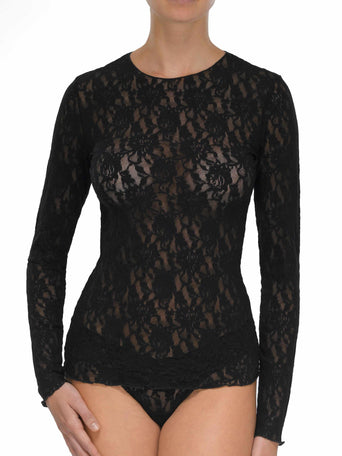 Black Signature Lace Long Sleeve Top - Front View On Model, Sheer Floral Lace | Hanky Panky