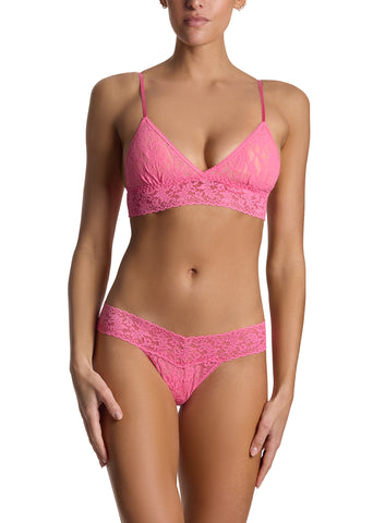 Amused Pink Signature Lace® Low Rise Thong - Front On-Model with Matching Bralette | Hanky Panky