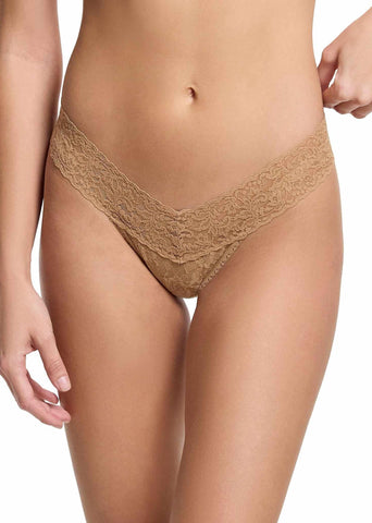 Signature Lace® Low Rise Thong Sun Tan - Front View, Tan Lace Thong On Model | Hanky Panky