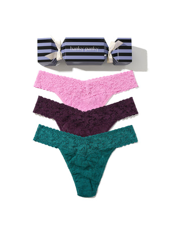 Signature Lace® Original Rise Thong Holiday 3-Pack Cracker - Pink, Purple & Teal Flat Lay | Hanky Panky