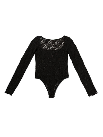 Signature Lace® Square Neck Long Sleeve Bodysuit Black - Flat Lay Front View | Hanky Panky