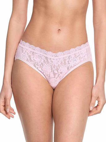 Bliss Pink Signature Lace® V-Front High Cut Brief - Front View On Model, V-Waist Detail | Hanky Panky