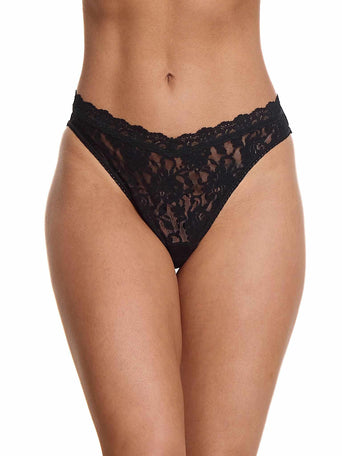 Black Signature Lace® V-Front High Cut Thong - Front View On Model, v-cut waistband | Hanky Panky