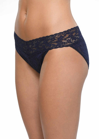 Navy Blue Signature Lace® V-Kini - Three-Quarter Side View On Model, luxury lace bikini panty | Hanky Panky