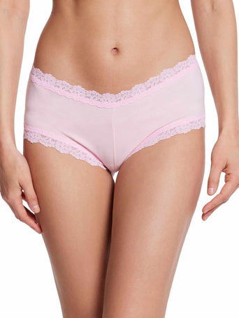 Bliss Pink Supima® Cotton Boyshort with Lace Trim - Front View On Model | Hanky Panky