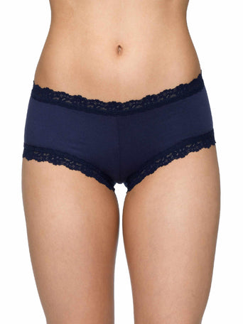 Navy Supima® Cotton Boyshort with lace trim - Front On-Model View | Hanky Panky