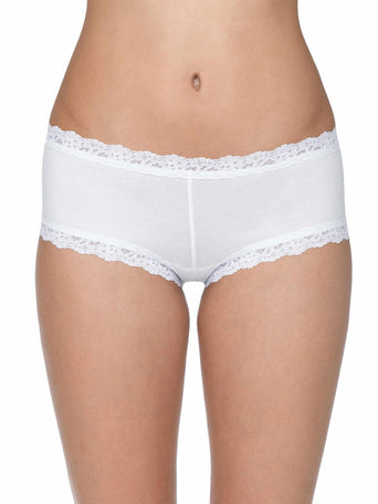 White Supima® Cotton Boyshort with Lace Trim - Front View On Model | Hanky Panky