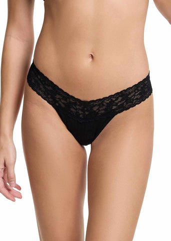 Black Supima® Cotton Low Rise Thong with lace waistband - Front View On Model | Hanky Panky