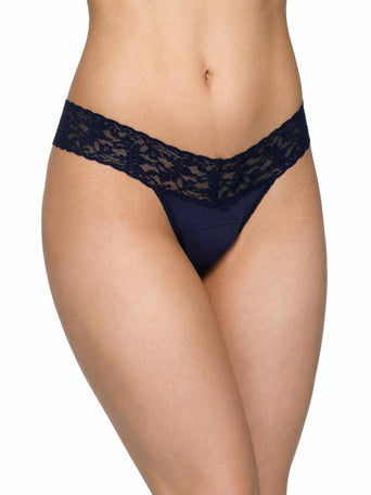 Navy Supima® Cotton Low Rise Thong - On Model Front View, Lace Waistband | Hanky Panky