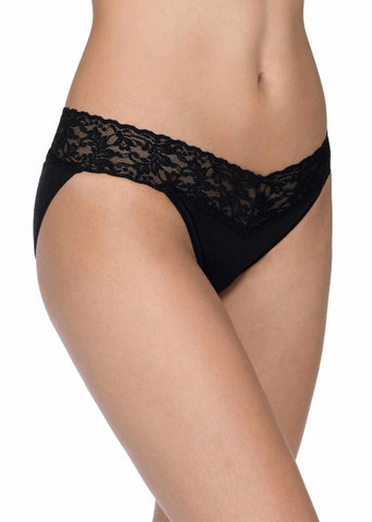 Black Supima® Cotton V-kini with V-shaped lace waistband - Side Front View On Model | Hanky Panky