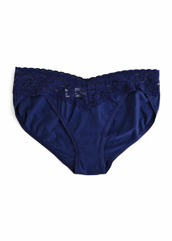 Navy Supima® Cotton V-kini with V-shaped lace waistband - Flat Lay | Hanky Panky