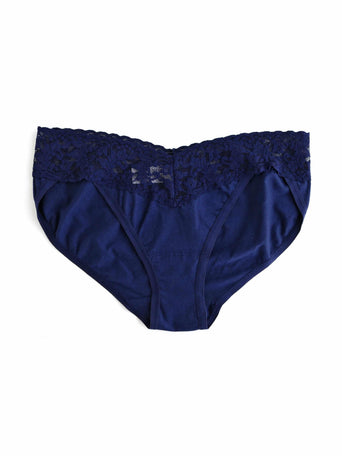 Navy Supima® Cotton V-kini with V-shaped lace waistband - Flat Lay | Hanky Panky