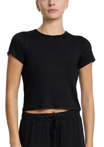 Unwind Baby Tee Black MicroModal Cropped Lounge Top - Front View On Model | Hanky Panky