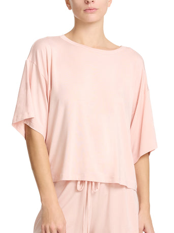 Unwind Tee Sweet Chamomile - Blush Pink Oversized Lounge Top Front View On Model | Hanky Panky