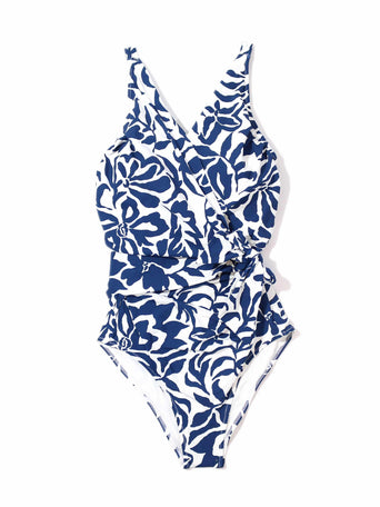Poolside Blue Floral Wide Strap Wrap One Piece Swimsuit - Flat Lay | Hanky Panky