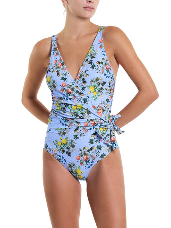 Periwinkle Floral Wide Strap Wrap One Piece Swimsuit - Front View On Model | Hanky Panky