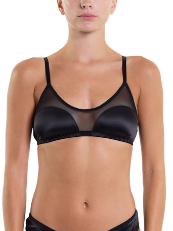 &oh Dark And Dangerous Black Satin Mesh Bralette - Front View On Model | Hanky Panky