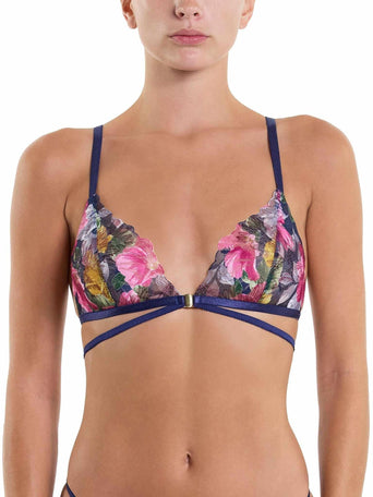 &oh Wildly Blooming Strappy Triangle Bralette Dark Sky Blue - Front On-Model | Hanky Panky