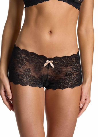 &oh™ Luxe Lace Crotchless Brief in Black - Front View with Satin Bow Detail | Hanky Panky