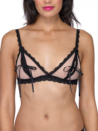 Mocha/Black &oh™ Nude Illusion Tie Bralette - On Model Front View, black lace trim with satin ribbon ties | Hanky Panky