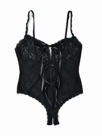 Black Plus Size Signature Lace Crotchless Teddy with Satin Bows - Flat Lay Detail | Hanky Panky