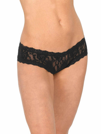 Black Signature Lace Crotchless Cheeky Hipster - Front On-Model View, black lace hipster panties | Hanky Panky