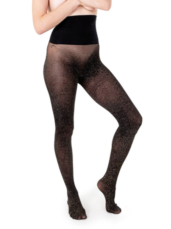 Les Belles Shimmer Noir Black Glitter Tights - Front View On Model | Hanky Panky