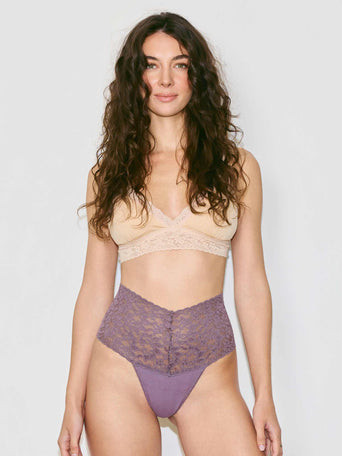 Dusk Supima® Cotton Retro Thong, high-rise lace waistband, front view on model | Hanky Panky